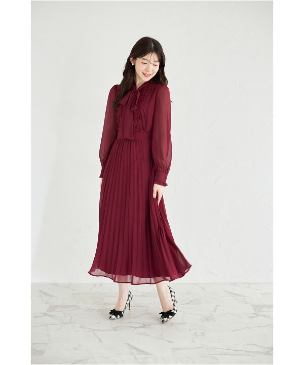 楽天市場】ラインレース×ピンタックボウタイリボンプリーツワンピース  