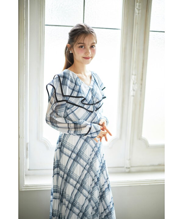 楽天市場】ウエストリボン付きビックカラーチェックプリーツワンピース  