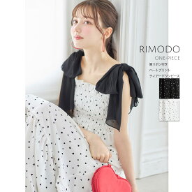 肩リボン付きハートプリントティアードワンピース【rimod リモド】tocco closet(トッコクローゼット)　オフホワイト ブラック 186-183559