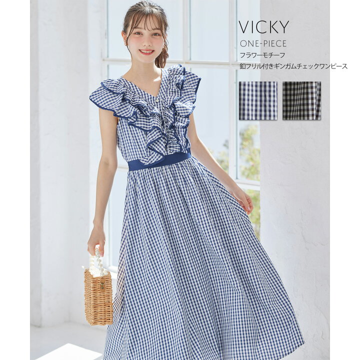 楽天市場】フラワーモチーフ釦フリル付きギンガムチェックワンピース  