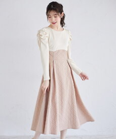 後ろリボン付きパワーショルダーエンボスドッキングワンピース【jasery ジャスリー】tocco closet(トッコクローゼット)　 アイボリー×ベージュ グレー×ブラック 商品番号：186-180878