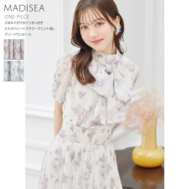 2WAYボウタイリボン付きストロベリー×フラワープリント消しプリーツワンピース【madisea マディシア】tocco closet(トッコクローゼット)　 ピンク ラベンダーブルー 商品番号：186-183679