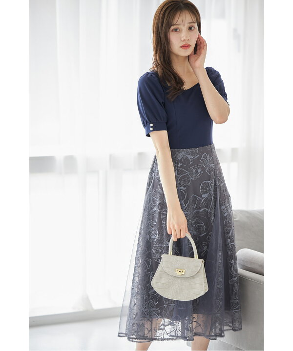 袖口パール付きフラワーレース切り替えドッキングワンピース sornia ソーニア tocco closet トッコクローゼット ネイビー ブルーグレー オフホワイト グレイッシュピンク 商品番号 186-188258