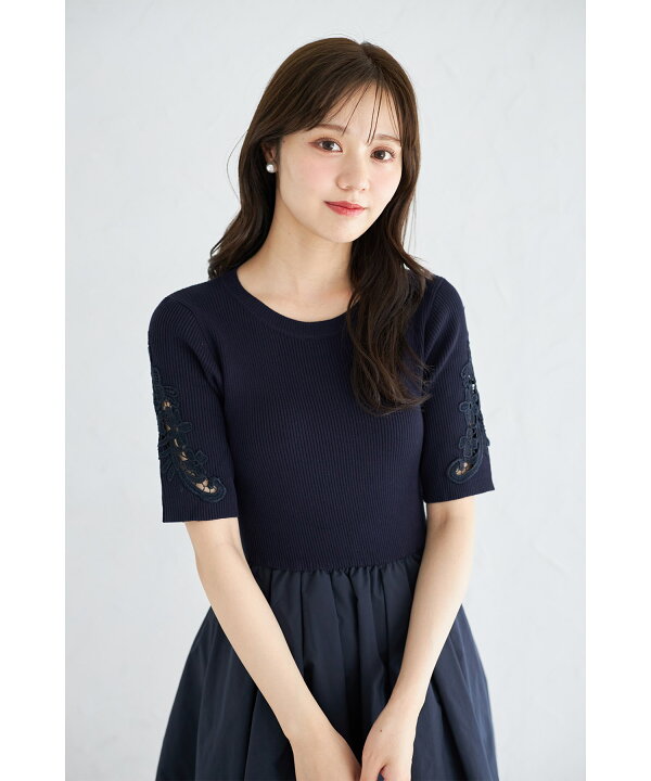 楽天市場】フラワー刺繍スリーブリブニット×タフタドッキング 