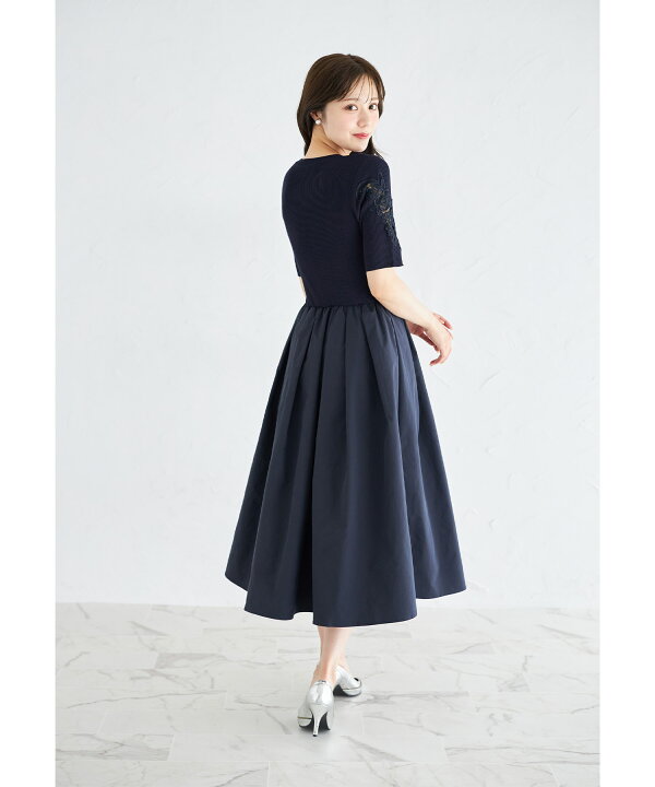楽天市場】フラワー刺繍スリーブリブニット×タフタドッキング 