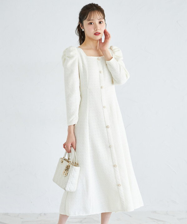 楽天市場】パール飾り釦付きパワーショルダーラメツイードワンピース 