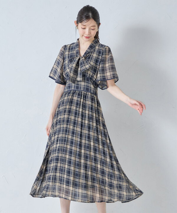 楽天市場】ボウタイリボン付きフレアスリーブチェックワンピース  