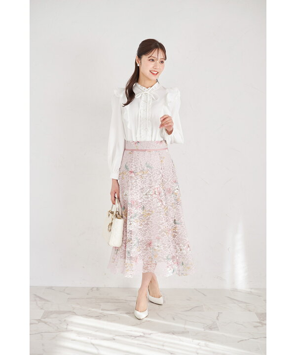 楽天市場】ウエスト配色ライン入りフラワープリントレースフレア  