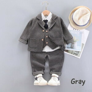 【4点セット フォーマルセットアップ】 フォーマルスーツ スーツ セットアップ ベスト シャツ トップス パンツ ネクタイ 男の子 ベビー キッズ ストライプ シンプル 長袖 襟付き 異素材 グレ