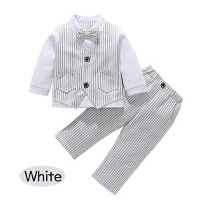 【2点 レイヤード風フォーマルセットアップ】フォーマルスーツ スーツ セットアップ パンツ レイヤード風トップス 蝶ネクタイ 男の子 春 夏 ストライプ 長袖 ブルー/グレー/ベージュ/ホワイ