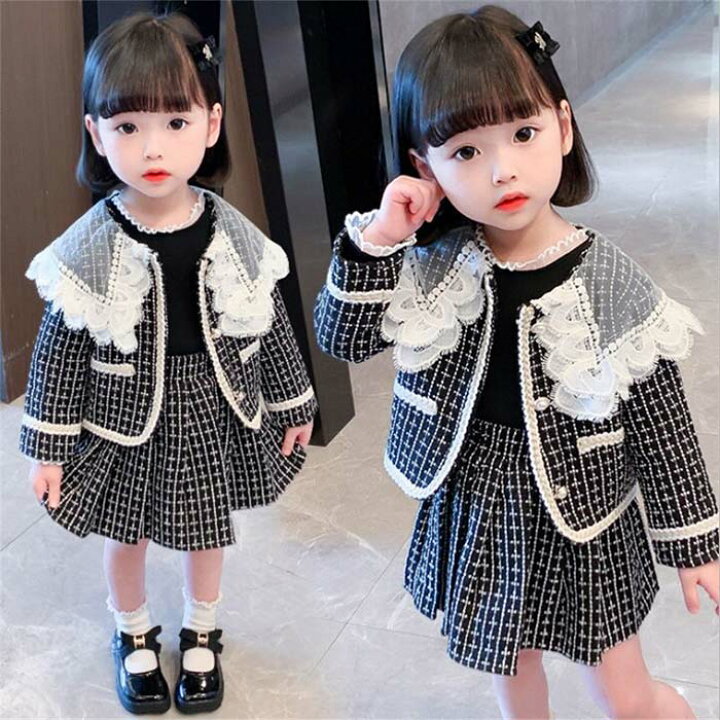 150㎝ ペプラムパンツセットアップ 千鳥格子 3点セット ブラック  