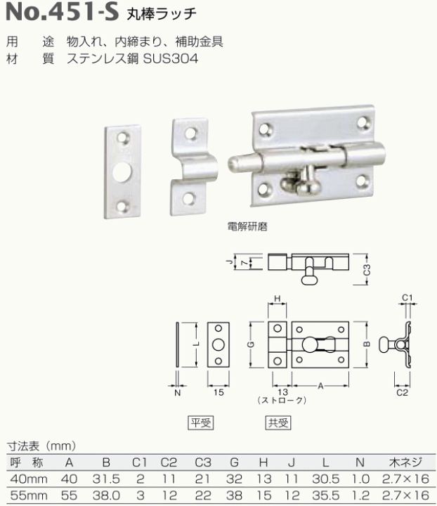 楽天市場】ベスト 丸棒ラッチ No.451-S 40mm / 1個 (開きドア用金物 内