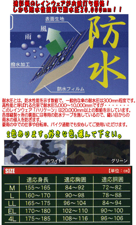 楽天市場】迷彩柄レインウェア ハリケーン （ハリケーンレインスーツ