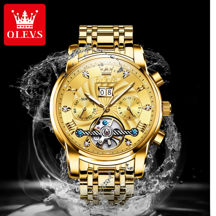 OLEVS 腕時計 メンズ 全黒 自動巻き 豪華 紳士人気 スケルトン