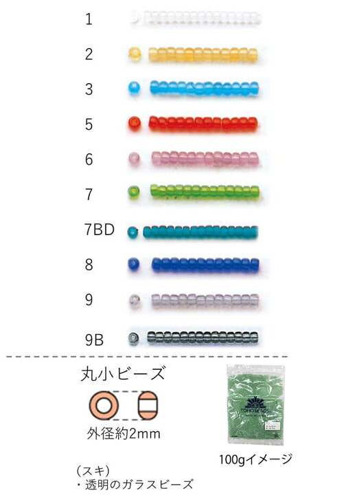 楽天市場】丸小ビーズ 2〜2.3mm(スキ) NO.1〜9B 100g 大容量パック (NO 