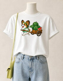 【半袖・長袖が選べる】パピヨン パピヨン犬 夏 おもしろ 犬柄 スイカ配達員 キッズ Tシャツ 子供服 大人 親子コーデ 白 カラー 半袖 長袖 ロンT 国内プリント 送料無料