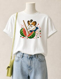 【半袖・長袖が選べる】パピヨン パピヨン犬 夏 おもしろ 犬柄 スイカ割り力士 Tシャツ 長袖 ロンT レディース メンズ キッズ 大人 子供 大きめプリント ギフト 送料無料