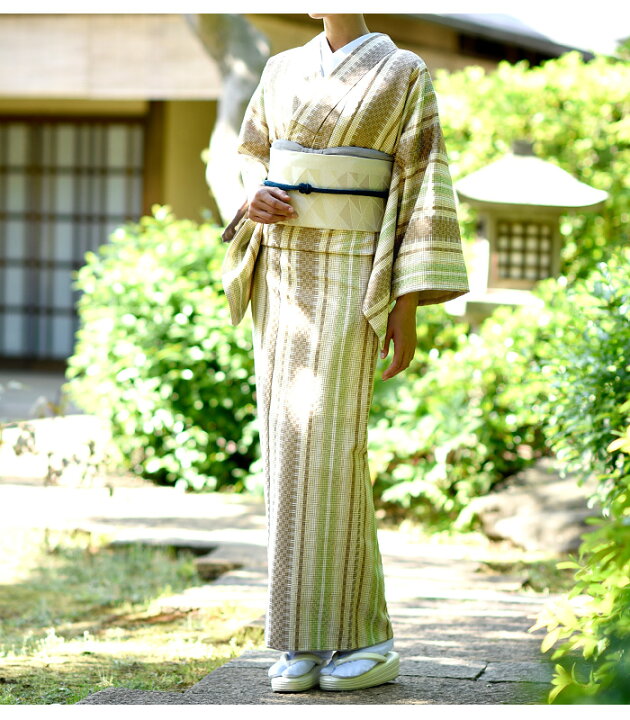 楽天市場】【 着物単品 】【 花織調 洗える紬 ベージュ×グリーン 】M L  