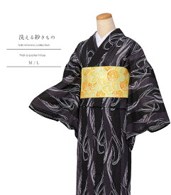 【 夏物 単衣 仕立済み 】 洗える紗小紋 黒地 流水 太縞 M L ポリエステル レディース 0013-00702-B