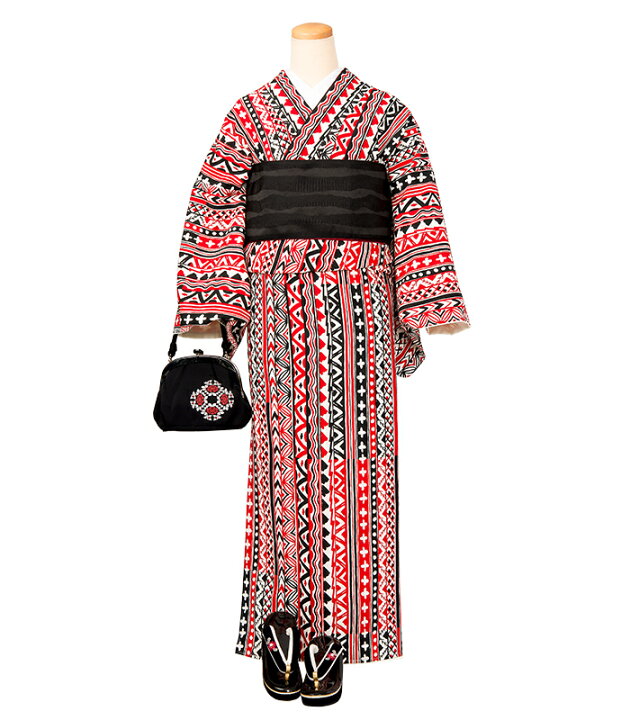 小紋単品・レース赤黒花柄ブラックレッド