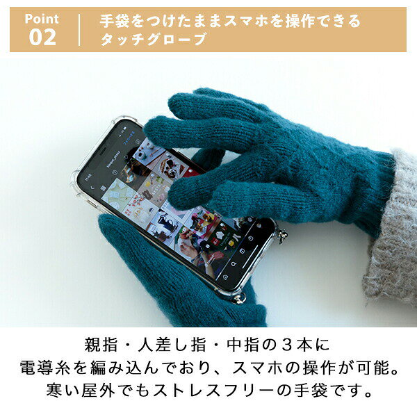 日本製 ケーブル編み スマートフォン対応 手袋 レディース(210-73)タッチグローブ tehtava テスタバ プレミアムシュークリーム糸 スマホ 手袋 暖かい スマホ手袋 かわいい スマホ 対応 スマホ操作 スマホ対応 ニット BISQUE ビスク 男女 - メイン画像 4
