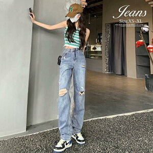 デニムパンツ ダメージ ハイウエスト ワイドパンツ ジーンズ レディース ストレート ボトムス 大きいサイズ ジーパン ズボン ストリート カジュアル 大人