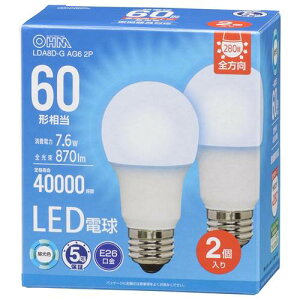 OHM �I�[���d�@�@LED�d���i60�`����/870lm/�����F/E26/�S�����z��280°/7.6W/�����Ή�/2���j LDA8D-G AG6 2P