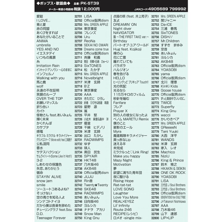 楽天市場 オン ステージ お家カラオケ 家庭用パーソナルカラオケ On Stage専用追加曲チップ Pk St39 あいみょん ヒゲダン 米津 Niziu 瑛人香水を自宅で練習 トキワカメラ