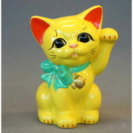 梅月　リボン猫　5号　黄 手描きヒゲ　【常滑　招き猫　陶器】
