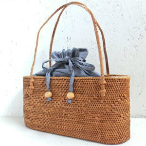 アタバッグ*015 オーバル/ブルーグレーイカット アタ製カゴバッグ カゴバッグ 籠 アジア雑貨 アジアン雑貨 バリ島 ナチュラル 着物 浴衣 リゾート バッグ かごバッグ かごバック アタバック