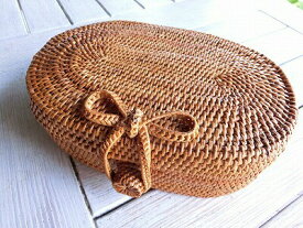 アタかご製　楕円形ケース/リボン【幅18cm】裁縫箱,ソーイングボックス 蓋付き ふたつき 収納バスケット 収納かご かご カゴ 小物入れ インテリア おしゃれ かわいい 籠 ナチュラル リゾート バリ島 バリ雑貨 アタ製品 アタ製かご