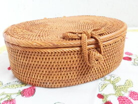 アタかご製　楕円形ケース/リボン【幅20cm】裁縫箱 ソーイングボックス 裁縫バスケット ソーイングボックス蓋付き ふたつき 収納かご 収納ボックス かご カゴ 小物入れ インテリア おしゃれ かわいい ナチュラル バリ雑貨 アタ製品 アタ製かご