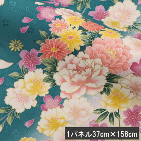 京 金彩友禅 八重桜に牡丹菊花 (浅縹色) 生地巾37cm×長さ158cm単位 切り売り パネル柄 着物生地布 和柄 生地 はぎれ 通販 和柄生地 和風 布地