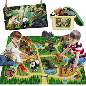 Mini Tudou 12個サファリ動物フィギュアおもちゃと145×98cm大きいプレイマットリアルなジャンボジャングルワイルドズー動物フィギュ
