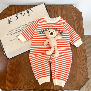 ロンパース 男の子 女の子 ベビー服 カバーオール オールインワン クルーネック 長袖 クマ付き 取り外し可能 プルオーバー 春 秋 冬 パジャマ 部屋着 ボーダー 出産祝い 赤ちゃん 子供 子供