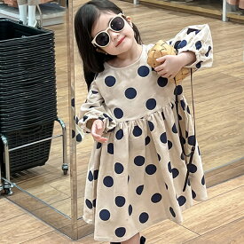 キッズ 長袖ワンピース ロングワンピース 水玉柄ワンピース フリル キッズワンピース 子供服 女の子 女児用 Aライン ミモレ丈 膝丈 シンプル 森ガール 春夏秋冬 卒園式 通園 プリーツ 結婚式 水玉柄 ベージュ 90/100/110/120/130/140cm