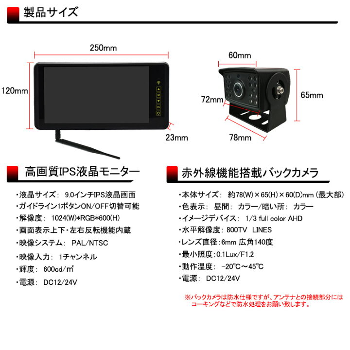楽天市場 車載モニター 9インチ とバックカメラ 広角140度 のセット 無線 ワイヤレス リアカメラ 赤外線 防水 暗視 12 24v対応 トラック車載 カー用品 得選館