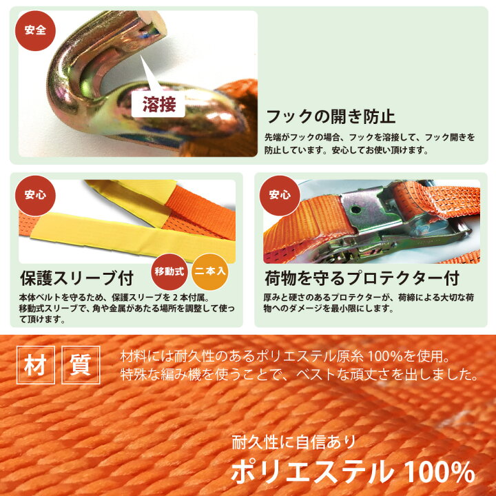 楽天市場】ラッシングベルト Jフック 2本セット 固定側0.5m 巻側8m 幅 