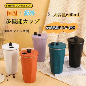 CesaBeams マグボトル タンブラー 水筒 直飲み ストロー付き 蓋付き 真空断熱 保温 保冷 便携軽量 大容量600ml 持ち運び マグボトル 二重構造 ステンレス コーヒーカップ 車載せでき オフィス