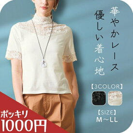 ＼ 1000円 ポッキリ ／ トップス インナー レース 半袖 シンプル 着回し 胸元 首 ハイネック 花柄 レディース ファッション フォーマル カットソー 透け感 デコルテ 伸縮性あり 肩レース 綿 カジュアル