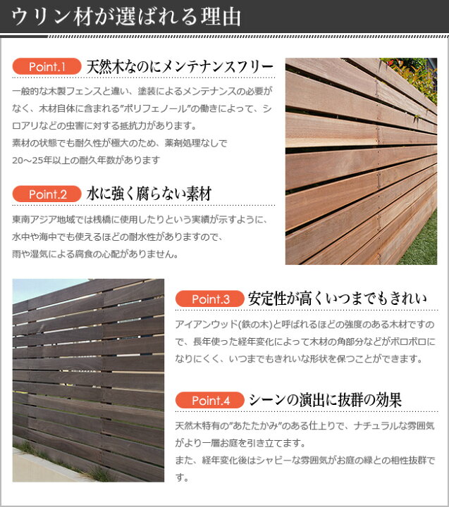 楽天市場 目隠しフェンス ハードウッド ウリンフェンス 5枚セット サイズ L1000mm W100mm 板厚12mm 高耐久 ビリアン 木製 アイアンウッド L値は長めにしてあるため 現場でカット 調整いただく必要がございます 天然木のためl値以外のサイズにも誤差が生じ