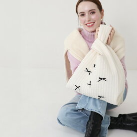 ヌビバッグ リボン パール 手首バッグ 【Wrist Seryon リストセリョン】トートバッグ/サブバッグ/マザーズバッグ/イブル/キルティング/チャコールグレー/グレー/アイボリー/軽量/お稽古バッグ/PC/マチあり/韓国製