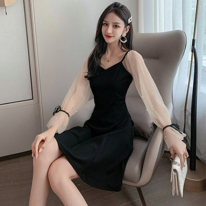 楽天市場 ワンピース レディース フレアワンピース Aラインワンピース ドレスワンピース 袖シースルー パフスリーブ 長袖 パール リボン フレア Aライン 膝丈 Mサイズ セクシー エレガント おしゃれ 大人かわいい 可愛い お洒落 きれいめ キレイ 上品 ブラック 黒