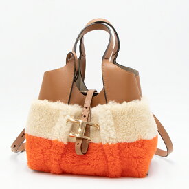 トッズ TOD'S トートバッグ ミニ ブラウン/ベージュ/オレンジ T TIMELESS T タイムレス ラムファー&レザー XBWTSBAT100SGB 7O12 BROWN/BEIGE/ORANGE [2023AW]