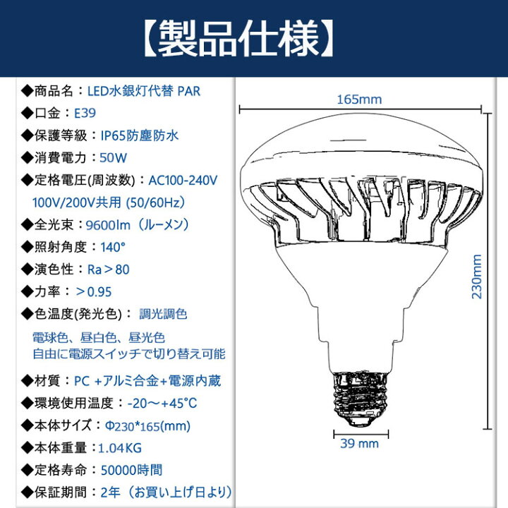 楽天市場】【20個セット】調光 調色 E39 LED バラストレス水銀灯 PAR56 