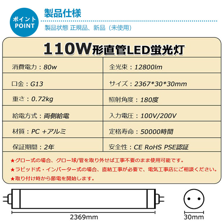 楽天市場】【100本セット】 直管型 110形 直管 LED 蛍光灯 110W形代替