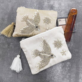 小鳥ビーズ刺繍ポーチS インド刺繍 動物 アニマル かわいい プレゼント ギフト 送料無料 メーカー直送