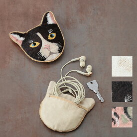 キャット刺繍顔型ポーチ インド刺繍 ビーズ刺繍 ねこ 猫 ネコ かわいい プレゼント ギフト 送料無料 メーカー直送
