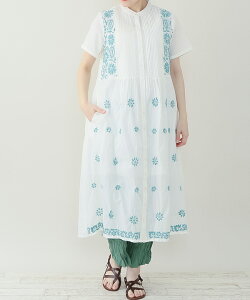 ラクノウ刺繍 シャツワンピース レディース インド綿100%生地 artipur コットン 夏 薄手 半袖 花柄 フラワー 着心地◎ おしゃれ ミセス かわいい メーカー直送 送料無料 東京かんかん