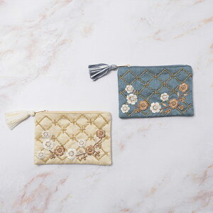 フラワー格子刺繍 ポーチ 小物入れ コスメポーチ 刺繍 かわいい おしゃれ ギフト プレゼント レディース KANKAN カンカン